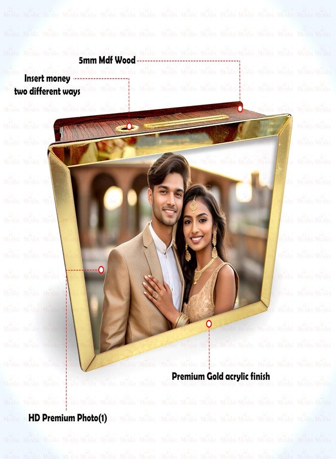 MUSHA Reusable Wooden Modern Money Saving Box | MDF Piggy Bank with Gold Acrylic Borders | 6x4, 6x8, 12x8 Inch | Custom Photo & Savings Tracker | Dual Slot Design | Transparent Bottom Cover (6x8) - Image 3